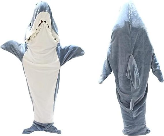 New Cozy Fluffy Fleece Onesie Wearable Full Size Shark Hoodie Blanket For Kids Adults