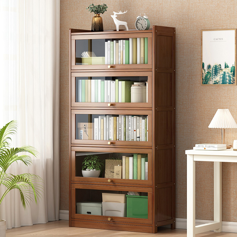 Dustproof Acrylic Bookcase Simple Open Door Clamshell Bookshelf Solid Wood Floor Storage Cabinet