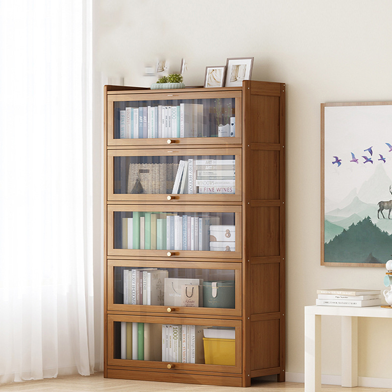 Dustproof Acrylic Bookcase Simple Open Door Clamshell Bookshelf Solid Wood Floor Storage Cabinet