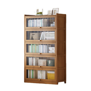 Dustproof Acrylic Bookcase Simple Open Door Clamshell Bookshelf Solid Wood Floor Storage Cabinet