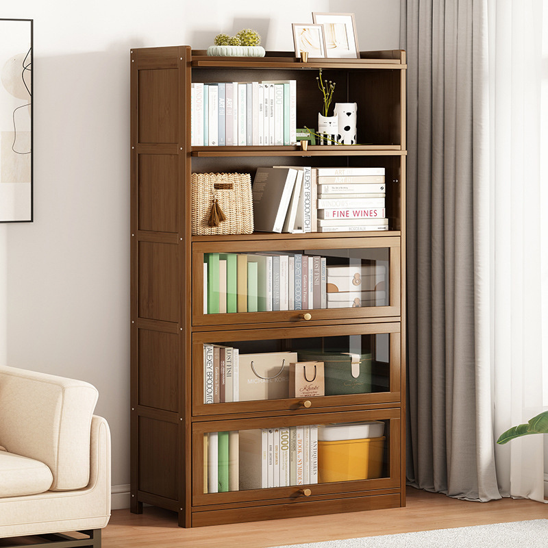 Dustproof Acrylic Bookcase Simple Open Door Clamshell Bookshelf Solid Wood Floor Storage Cabinet