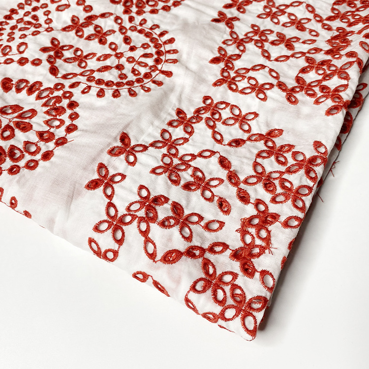 Harvest 100% cotton voile base red thread eyelet geometric patterned design border shaped embroidery fabric