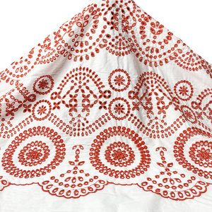 Harvest 100% cotton voile base red thread eyelet geometric patterned design border shaped embroidery fabric