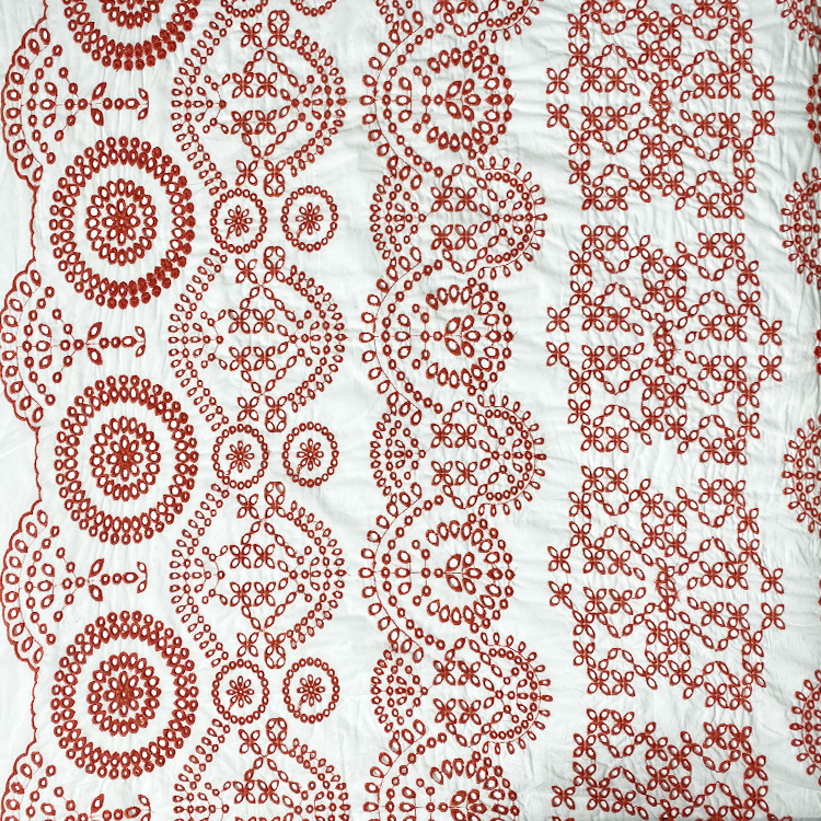 Harvest 100% cotton voile base red thread eyelet geometric patterned design border shaped embroidery fabric