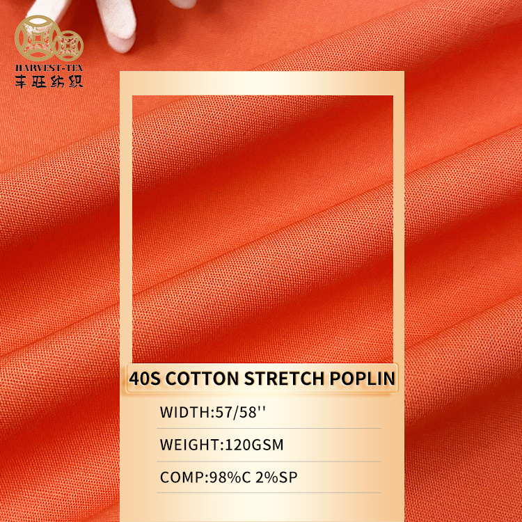 Harvest popular 40S organic gots certified cotton poplin stretch solid dyed fabric for apparel blouses shirt cotton fabric