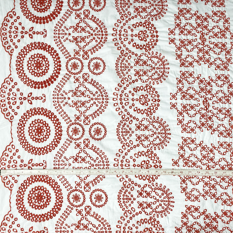 Harvest 100% cotton voile base red thread eyelet geometric patterned design border shaped embroidery fabric