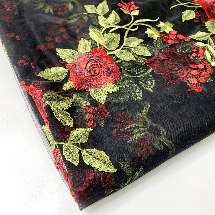 Harvest new polyamide nylon mesh red rose floral embroidery for dress and skirts