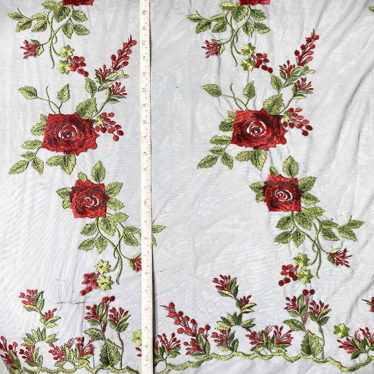 Harvest new polyamide nylon mesh red rose floral embroidery for dress and skirts