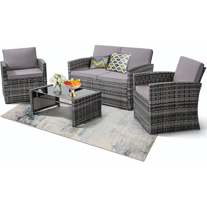 Homecome Light Grey Rattan Patio Conversation Set Sectional Sofa with Cushioned Furniture sofa set furniture design modern