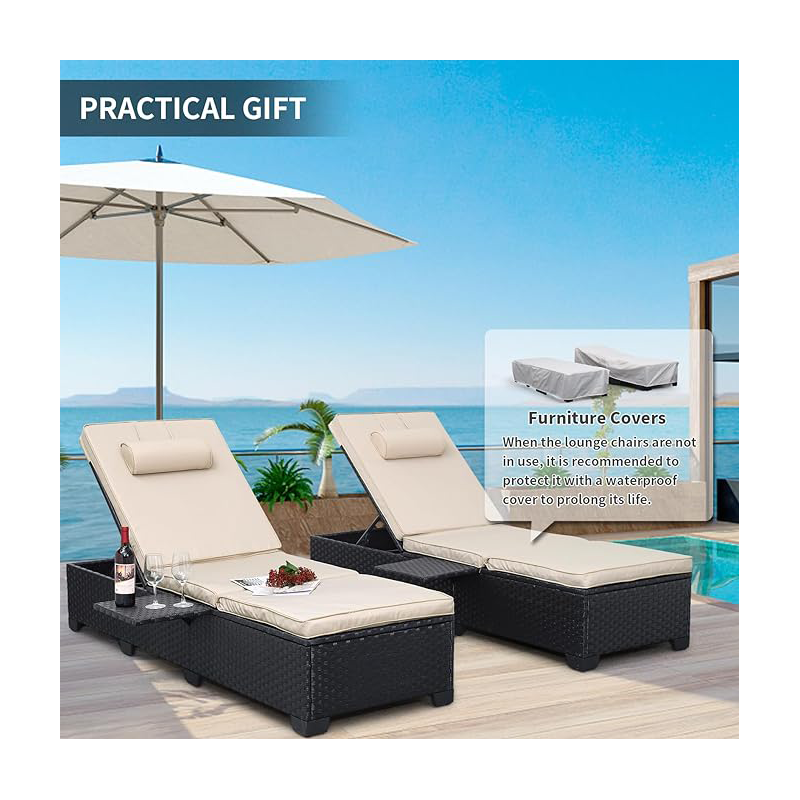 Outdoor PE Wicker Chaise Lounge Chair Set 2 Patio Black Rattan Reclining Chair Adjustable Backrest Pool Sunbathing Recliners