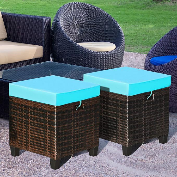 2-Piece Modern Outdoor Patio Ottoman All Weather Rattan Wicker Seat Courtyard Application Footstool Footrest Furniture