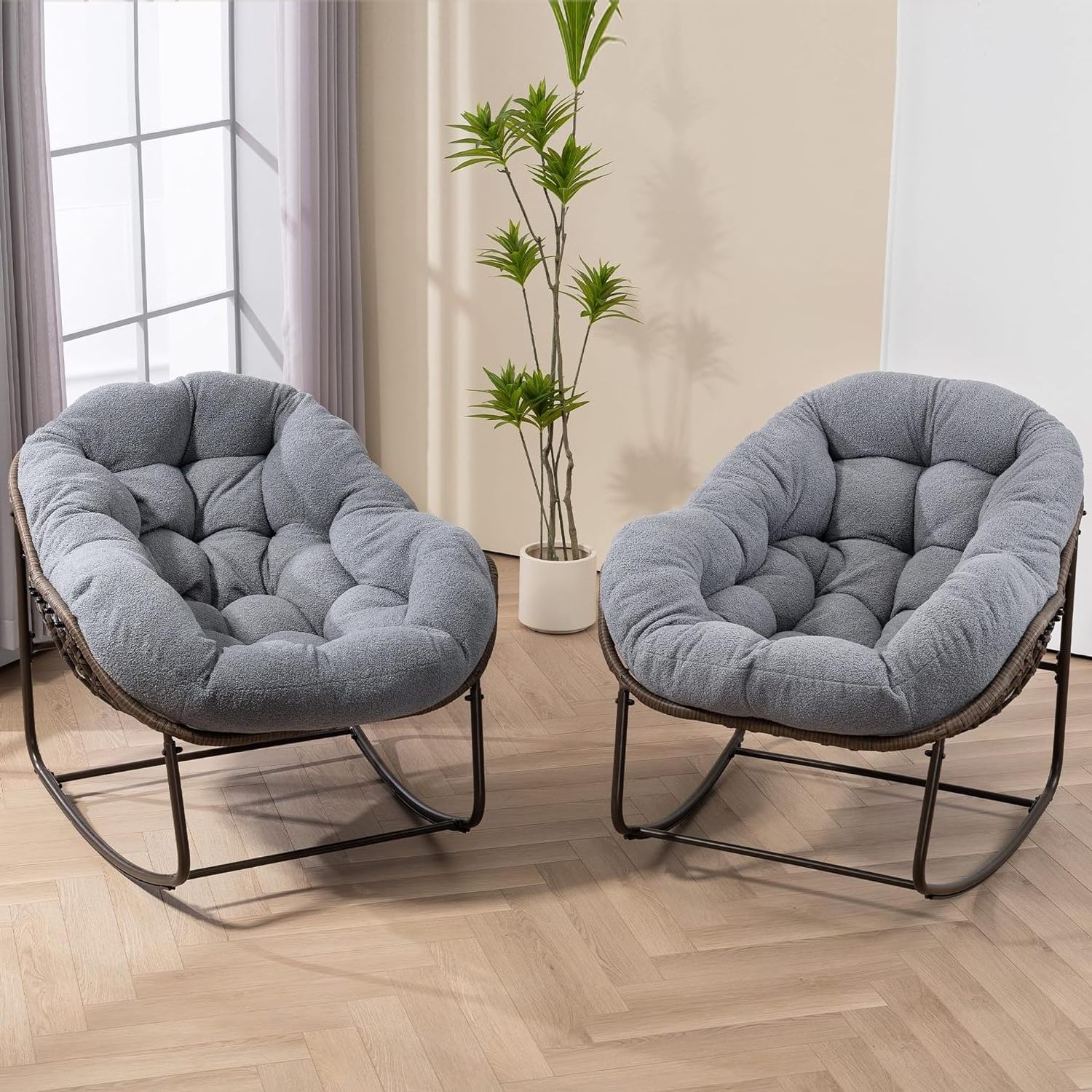 HOMECOME Oversized Comfy Royal Egg Rocking Chair Double Rattan Indoor/Outdoor Front Porch Lawn Bedroom Comfortable Set Garden