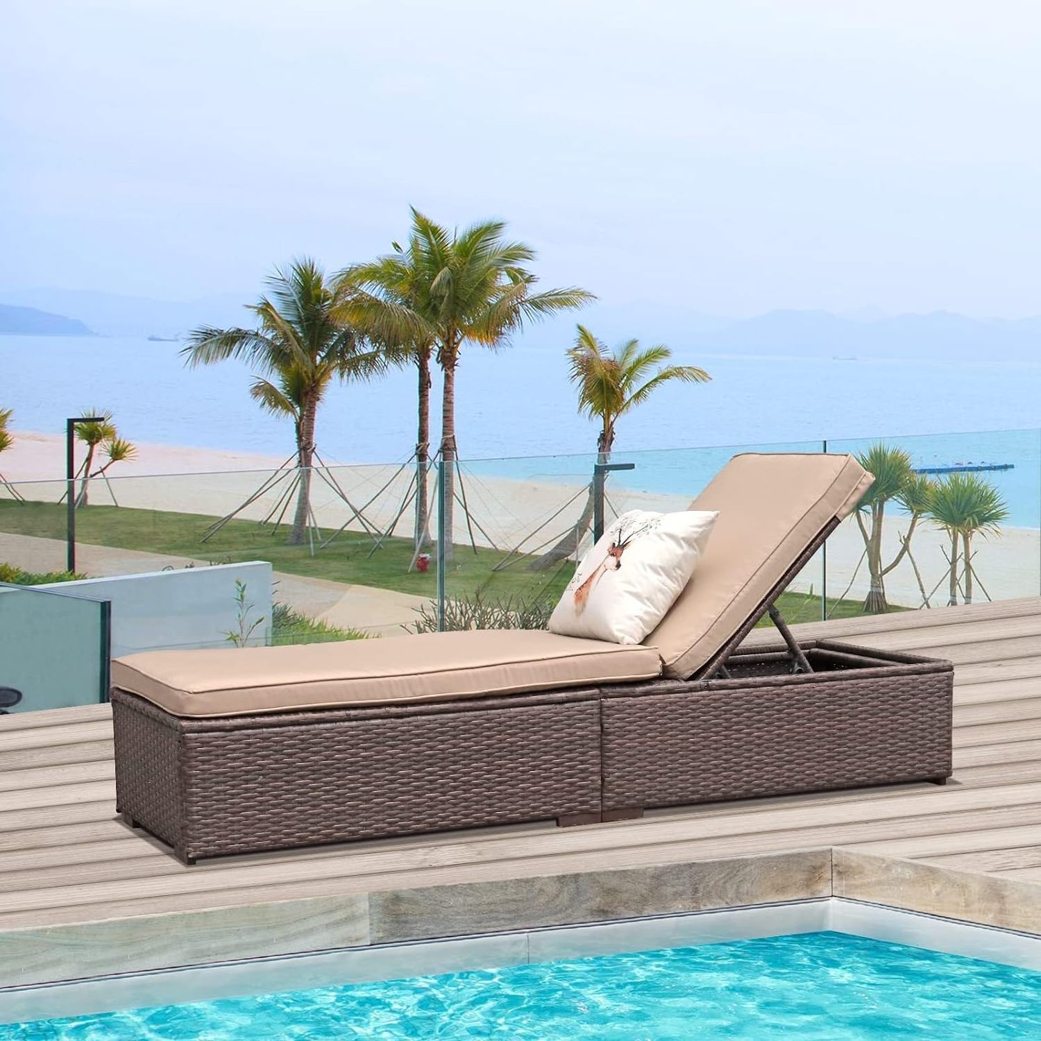 HOMECOME Outdoor Rattan Sun Lounger,Garden Adjustable Backrest Wicker Reclining Chaise with Waterproof Cushion