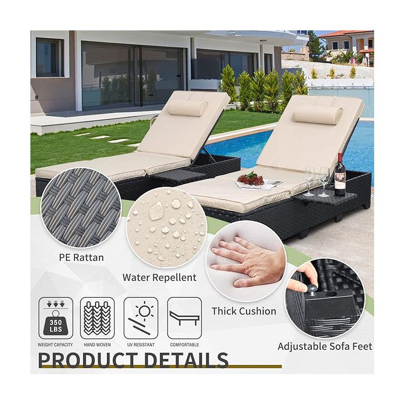 Outdoor PE Wicker Chaise Lounge Chair Set 2 Patio Black Rattan Reclining Chair Adjustable Backrest Pool Sunbathing Recliners