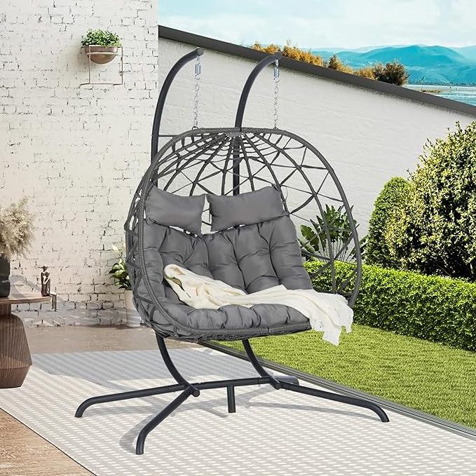 HOMECOME Rattan Outdoor Furniture 2-Person Swing Chair,Garden Hammock with stand,Patio Hanging Egg Basket and steel Frame