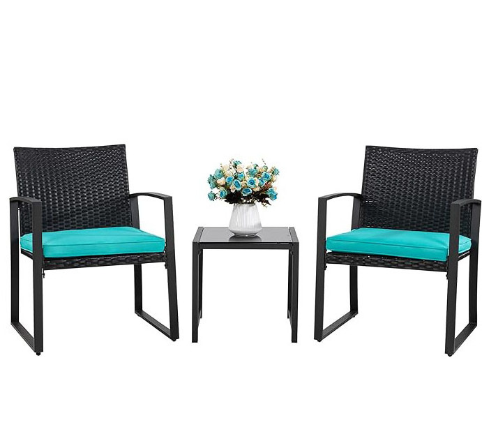 HOMECOME Outdoor 3 Pieces Rattan Wicker Bistro set  Lounge Chair Outdoor Furniture Set With Cushion ,Glass Coffee Table