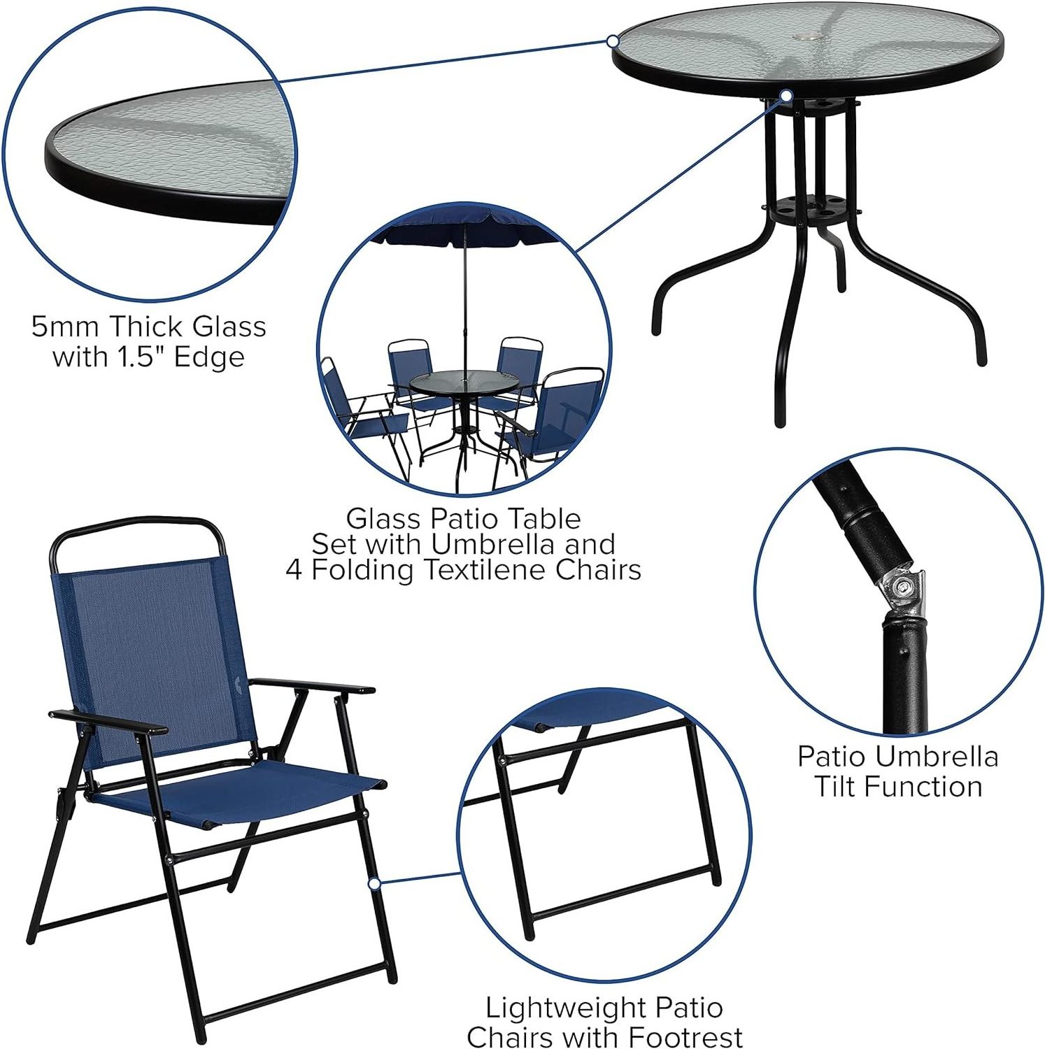 Flash Furniture t 6-Piece Modern Design Outdoor Patio Garden Set Navy Umbrella Table & 4-Navy Folding Chairs