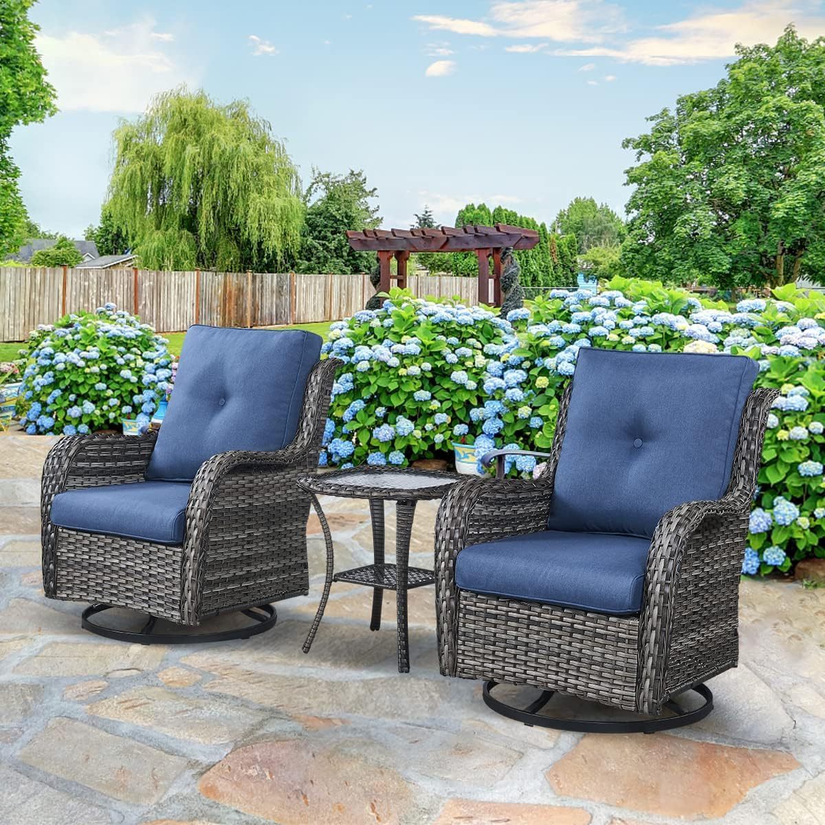 HOMECOME Outdoor Garden Furniture 3Pieces Rocking Rattan Bistro Conversation set ,Steel Frame with Stand Chair&Glass Table