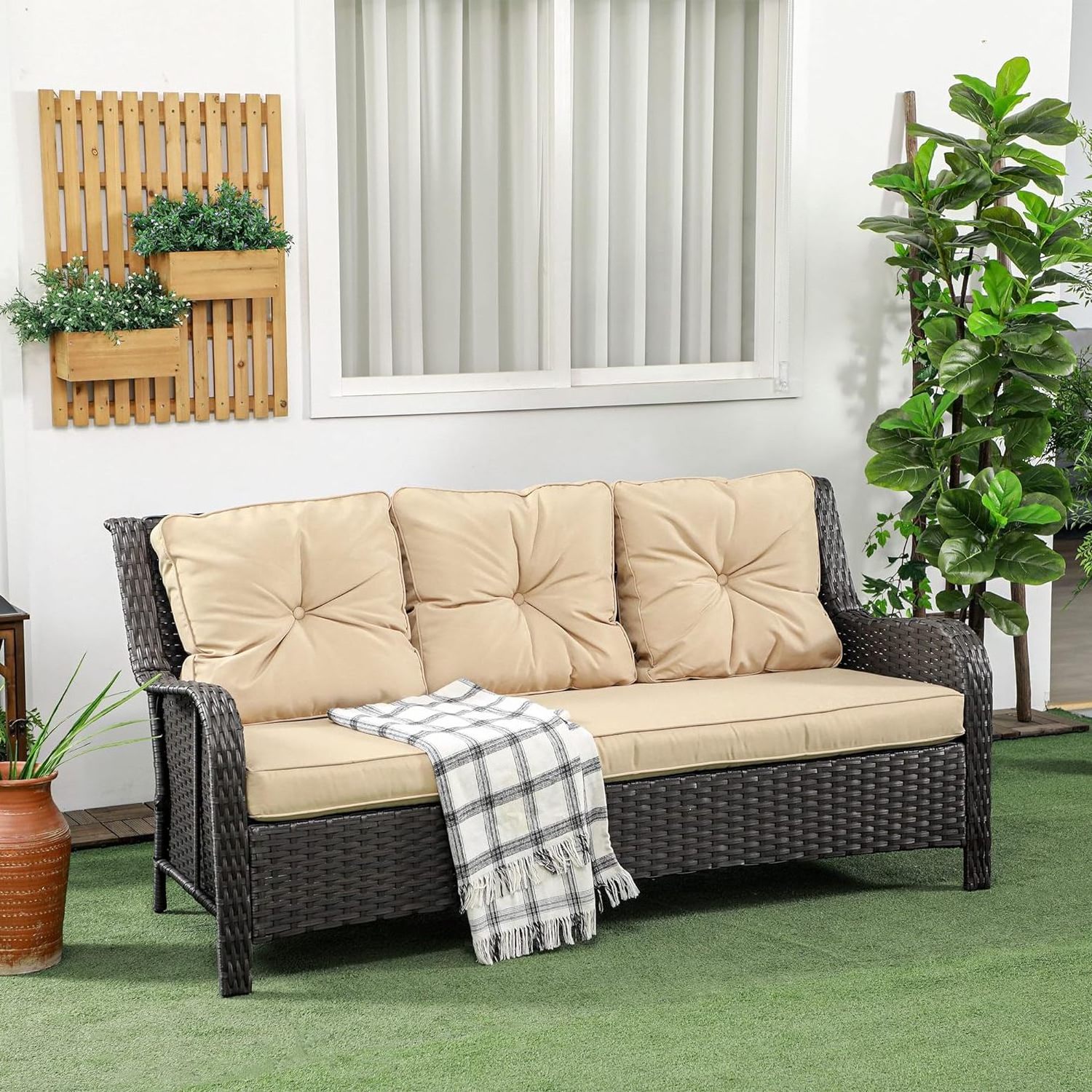 WARoom Modern Design 3-Seat Patio Couch in Brown PE Wicker Rattan Deep Seating Outdoor Sofa Furniture with Soft Cushions