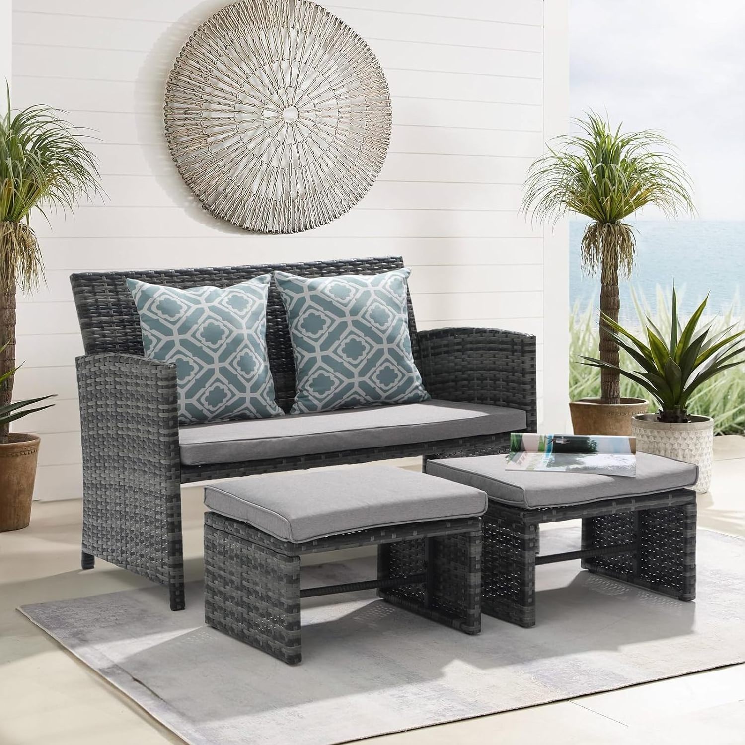 HOMECOME 3-Pieces Loveseat Outdoor Garden Furniture set, Lawn Rattan Sofa and Wicker Ottoman with cushion