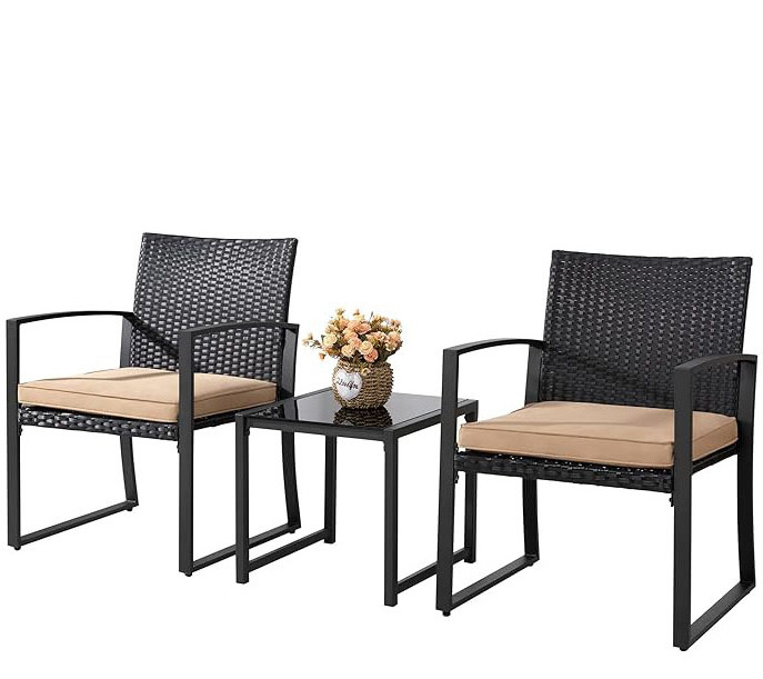 HOMECOME Outdoor 3 Pieces Rattan Wicker Bistro set  Lounge Chair Outdoor Furniture Set With Cushion ,Glass Coffee Table