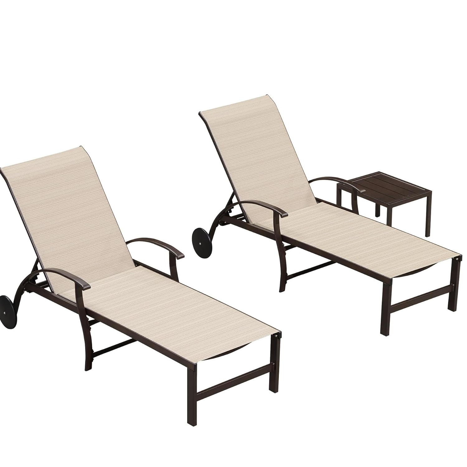 HOMECOME Outdoor Aluminum Garden Set 3-Piece Chaise Lounge Chair Side Table Adjustable Backyard Deck Balcony Lounger Light Khaki