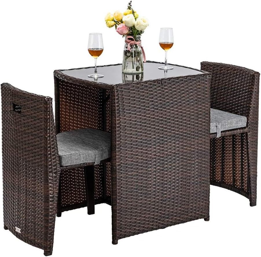 3 PCS Wicker Outdoor Patio Bistro Set Small Space  with Glass Top Table Dining Chairs for outdoor rattan furniture