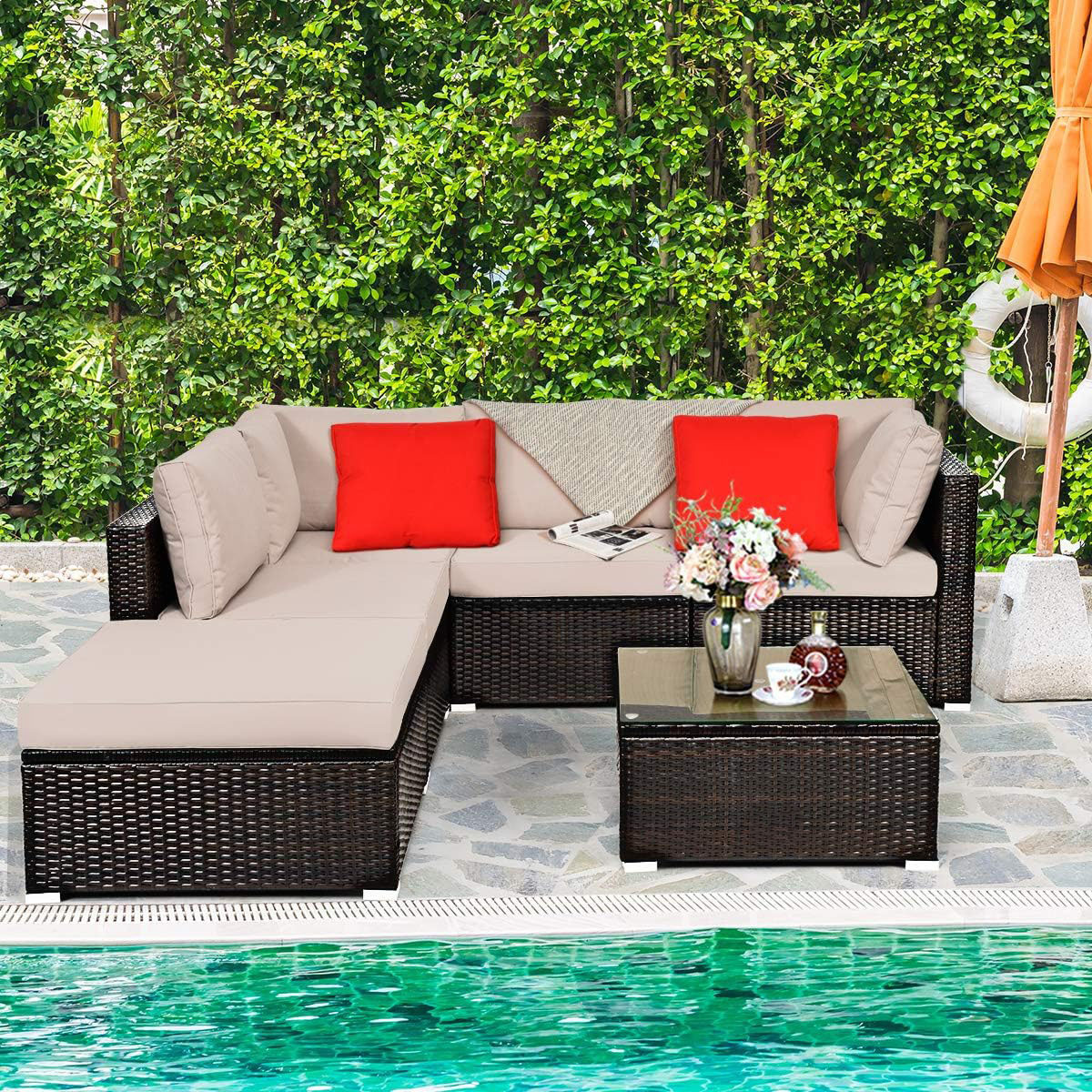 Homecome Relaxing Patio Sectional Rattan Sofa Set Modern Outdoor Garden Furniture with comfort cushions for poolside lawn