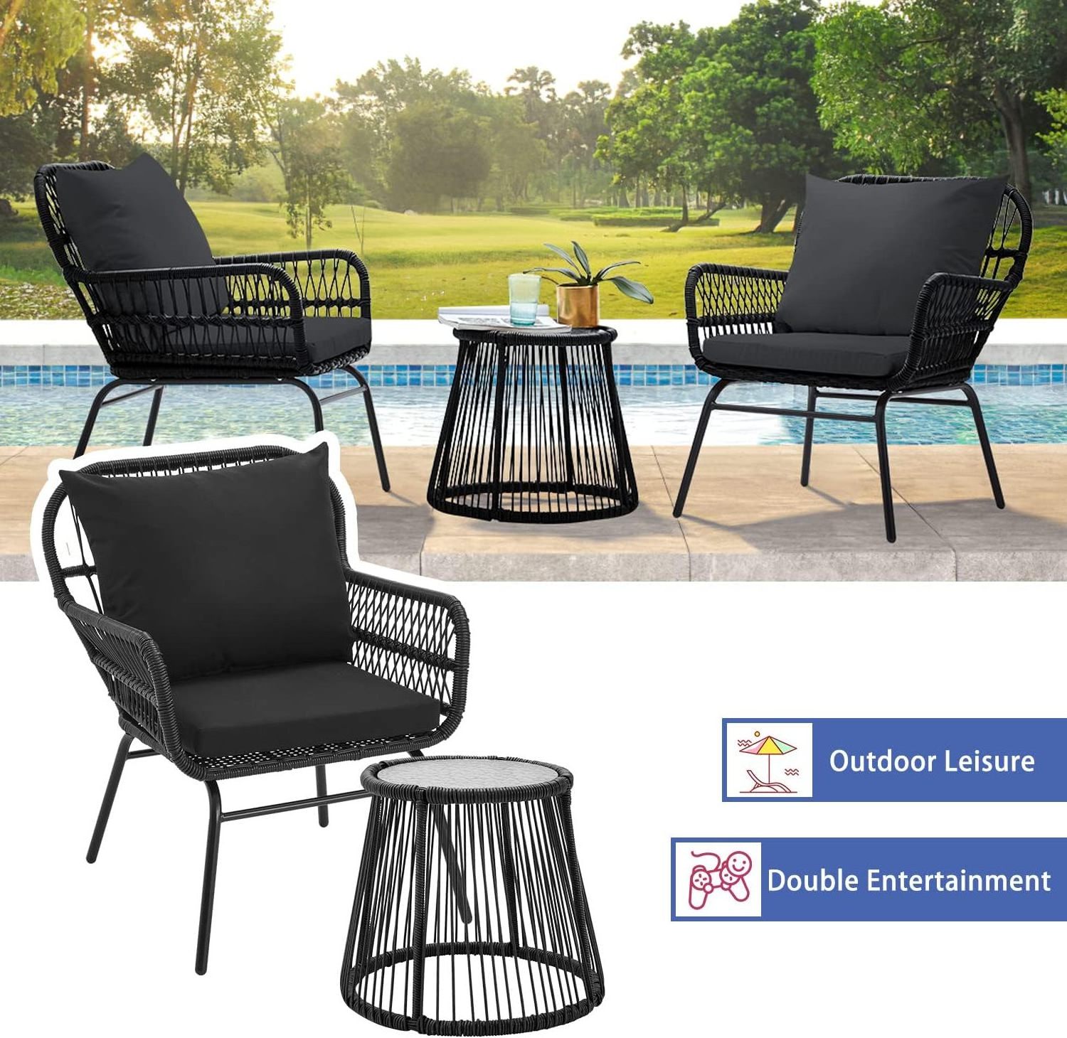 Homecome Modern Design 3 Pieces Patio Furniture Set Wicker Garden Furniture Rattan Outdoor Furniture Set for backyard bistro