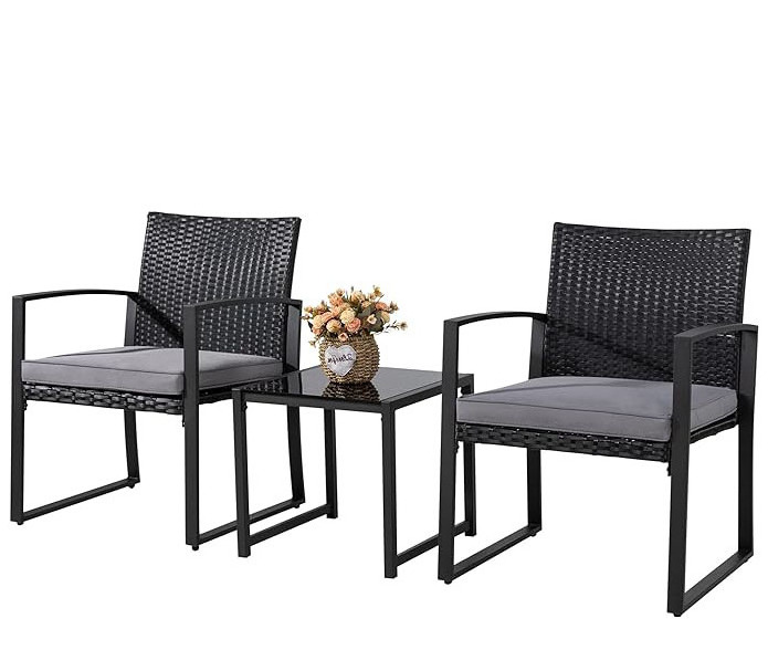 HOMECOME Outdoor 3 Pieces Rattan Wicker Bistro set  Lounge Chair Outdoor Furniture Set With Cushion ,Glass Coffee Table