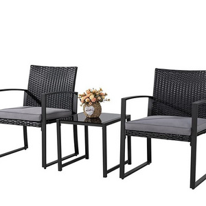 HOMECOME Outdoor 3 Pieces Rattan Wicker Bistro set  Lounge Chair Outdoor Furniture Set With Cushion ,Glass Coffee Table