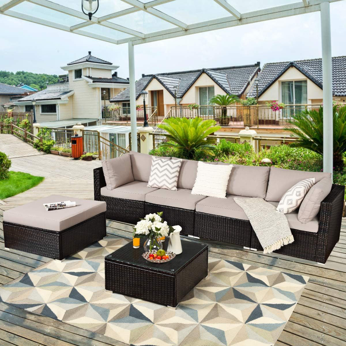 Homecome Relaxing Patio Sectional Rattan Sofa Set Modern Outdoor Garden Furniture with comfort cushions for poolside lawn