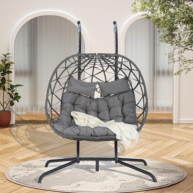 HOMECOME Rattan Outdoor Furniture 2-Person Swing Chair,Garden Hammock with stand,Patio Hanging Egg Basket and steel Frame