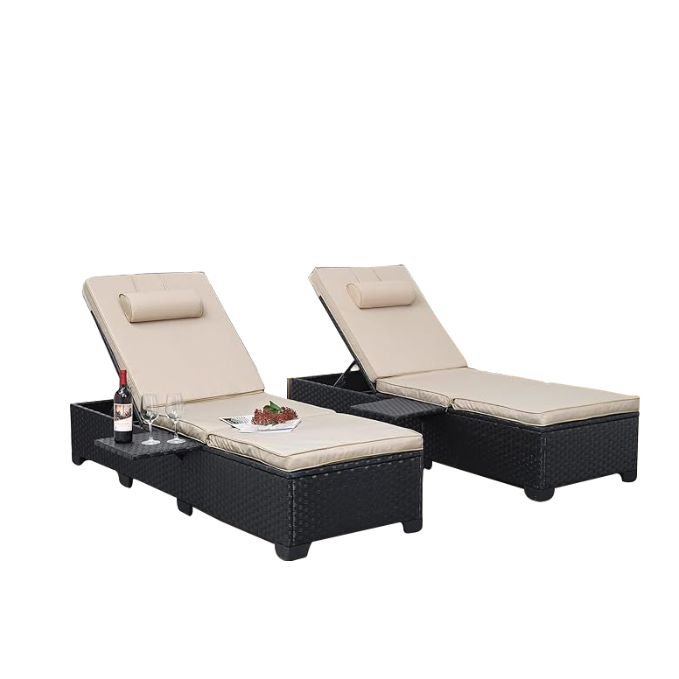 Outdoor PE Wicker Chaise Lounge Chair Set 2 Patio Black Rattan Reclining Chair Adjustable Backrest Pool Sunbathing Recliners