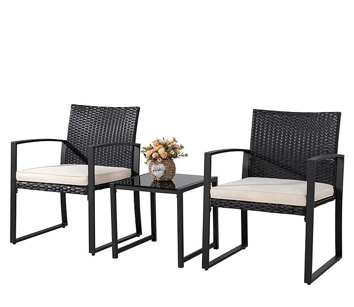 HOMECOME Outdoor 3 Pieces Rattan Wicker Bistro set  Lounge Chair Outdoor Furniture Set With Cushion ,Glass Coffee Table