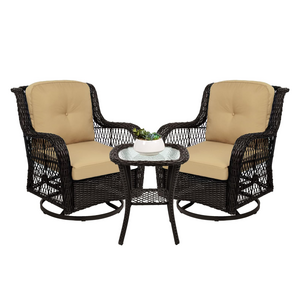 Best Choice 3-Piece Outdoor Wicker Patio Bistro Set 2 360-Degree Swivel Rocking Chairs Tempered Glass Top Side Table Gardens