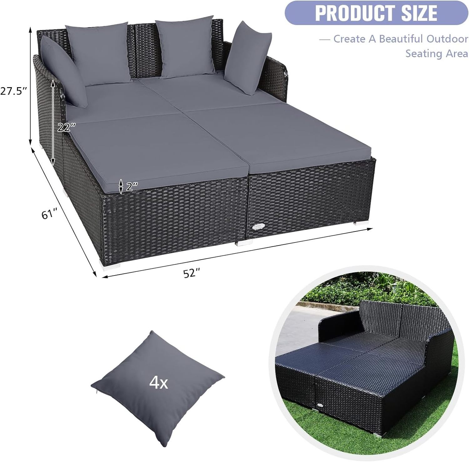 2-Person Rattan Patio Outdoor Daybed Loveseat Sunbed Curved Backrest Armrest Soft Cushions 4 Pillows Double Bed Lounger Sofa Set