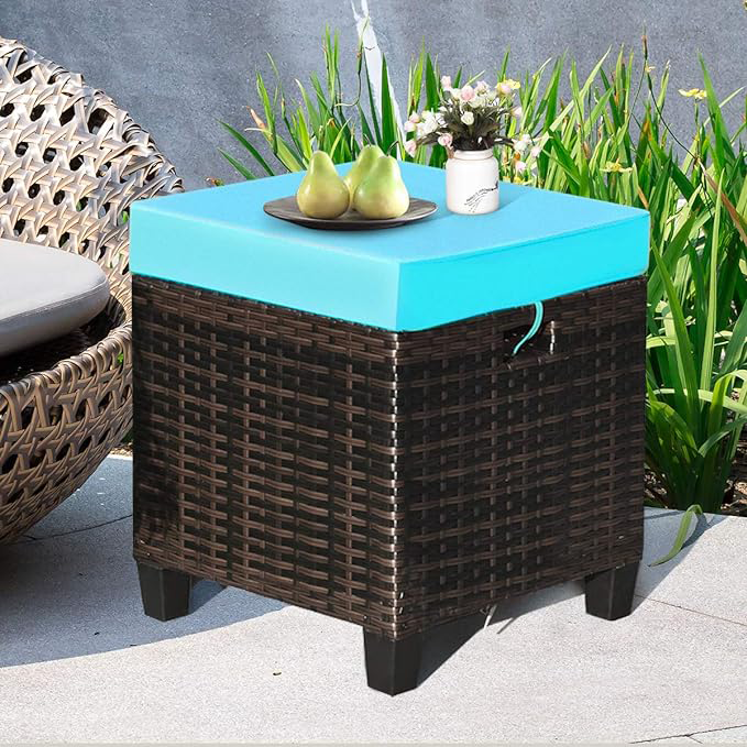 2-Piece Modern Outdoor Patio Ottoman All Weather Rattan Wicker Seat Courtyard Application Footstool Footrest Furniture