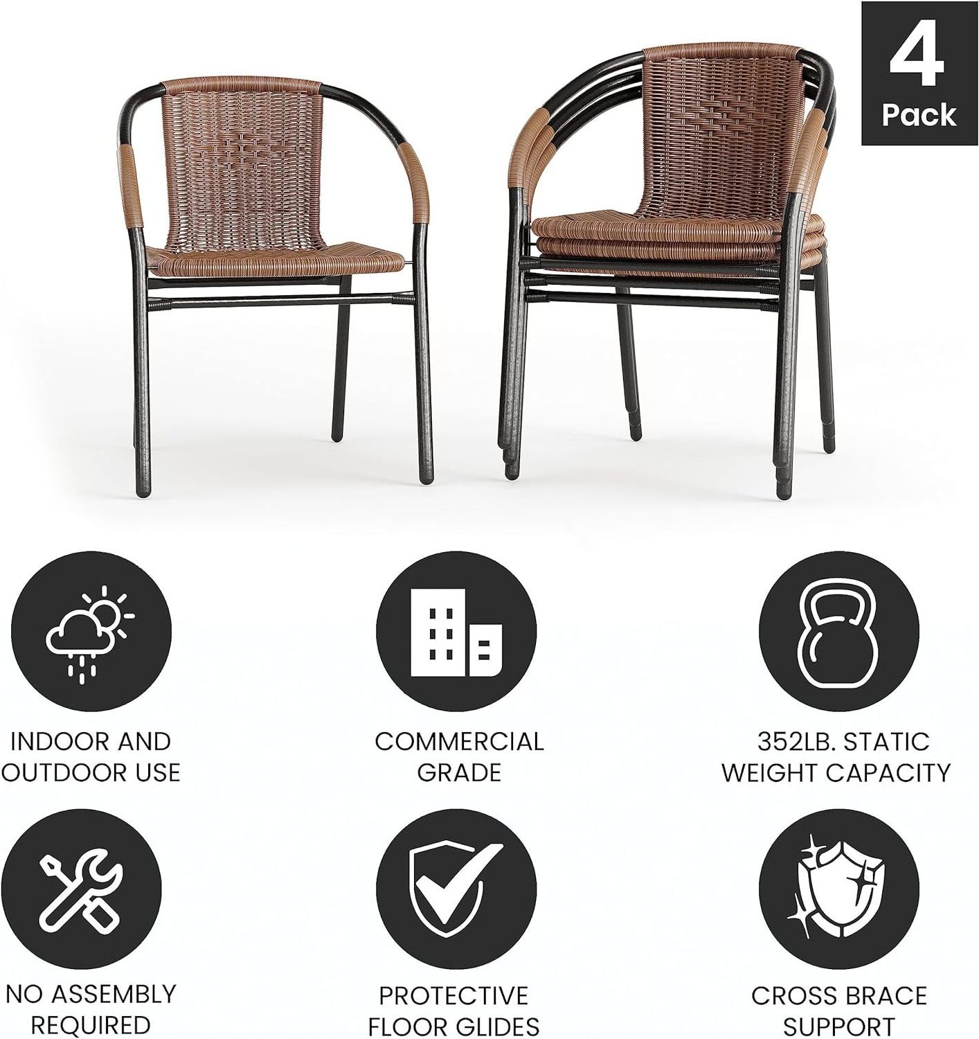 Indoor/Outdoor Stackable Dining Chairs Stacking Rattan Bistro Chairs for Patio Restaurant & Garden Sets