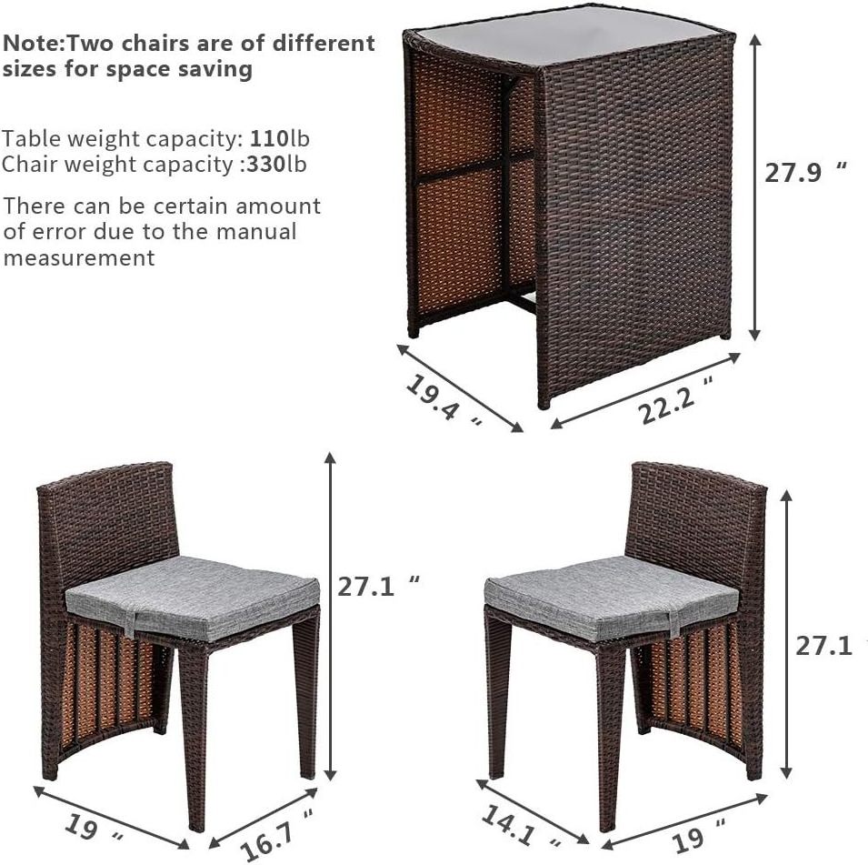 3 PCS Wicker Outdoor Patio Bistro Set Small Space  with Glass Top Table Dining Chairs for outdoor rattan furniture