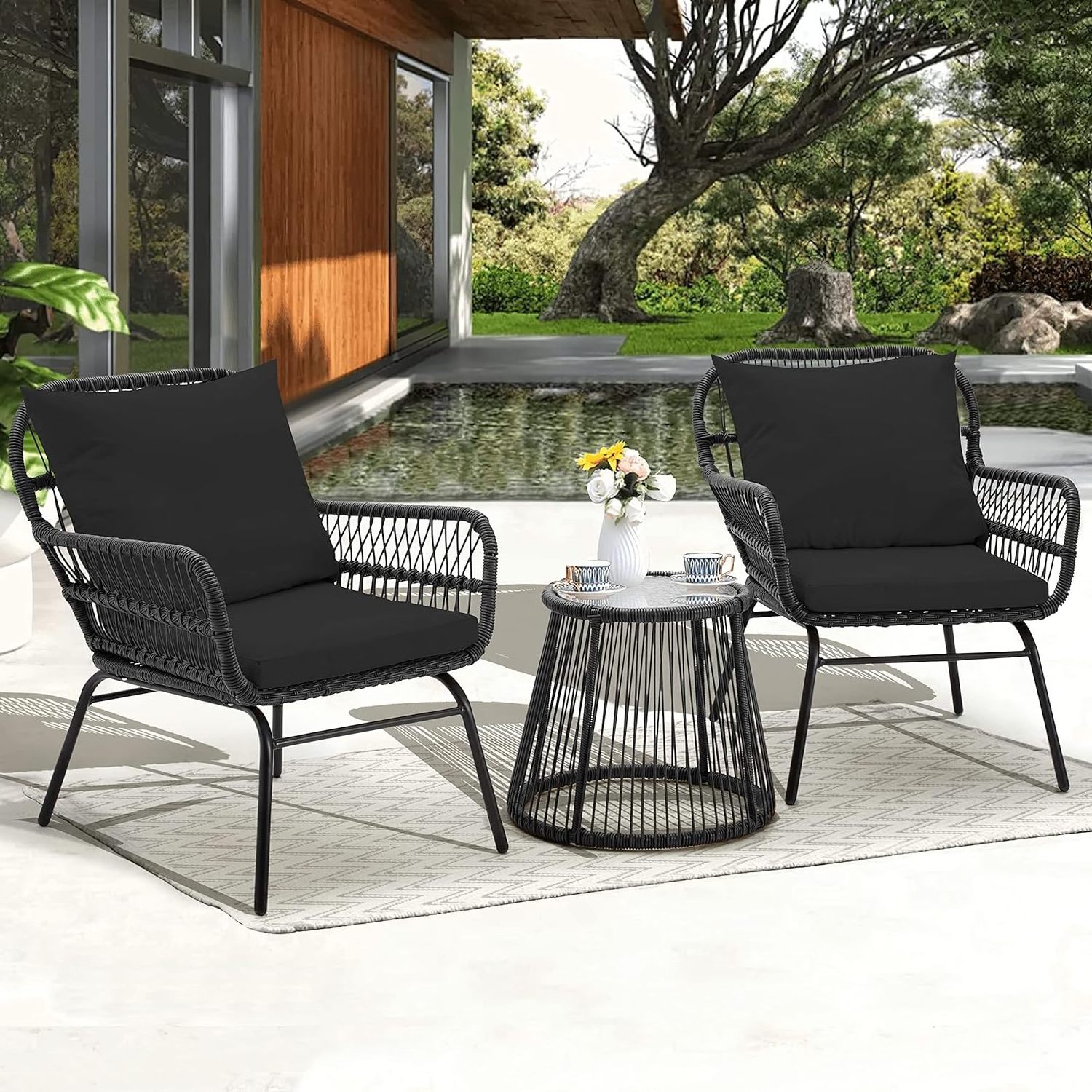 Homecome Modern Design 3 Pieces Patio Furniture Set Wicker Garden Furniture Rattan Outdoor Furniture Set for backyard bistro