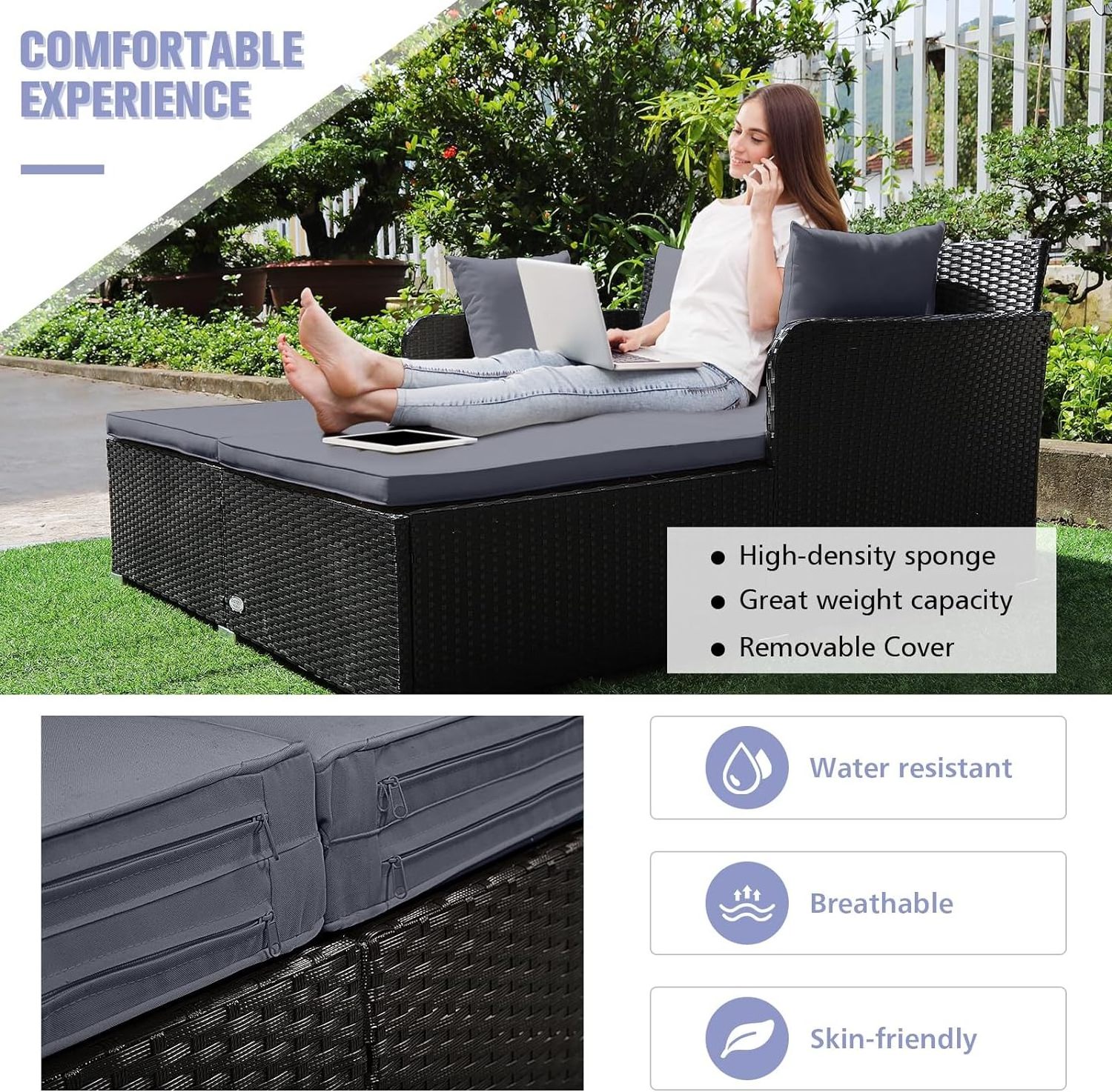 2-Person Rattan Patio Outdoor Daybed Loveseat Sunbed Curved Backrest Armrest Soft Cushions 4 Pillows Double Bed Lounger Sofa Set