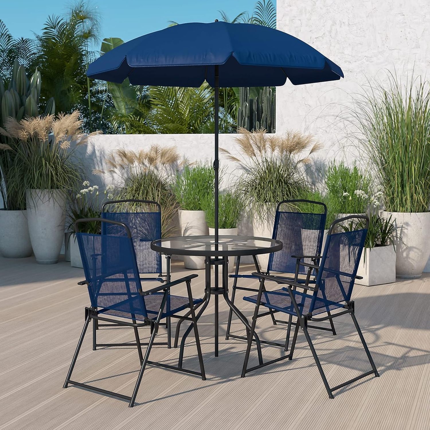 Flash Furniture t 6-Piece Modern Design Outdoor Patio Garden Set Navy Umbrella Table & 4-Navy Folding Chairs