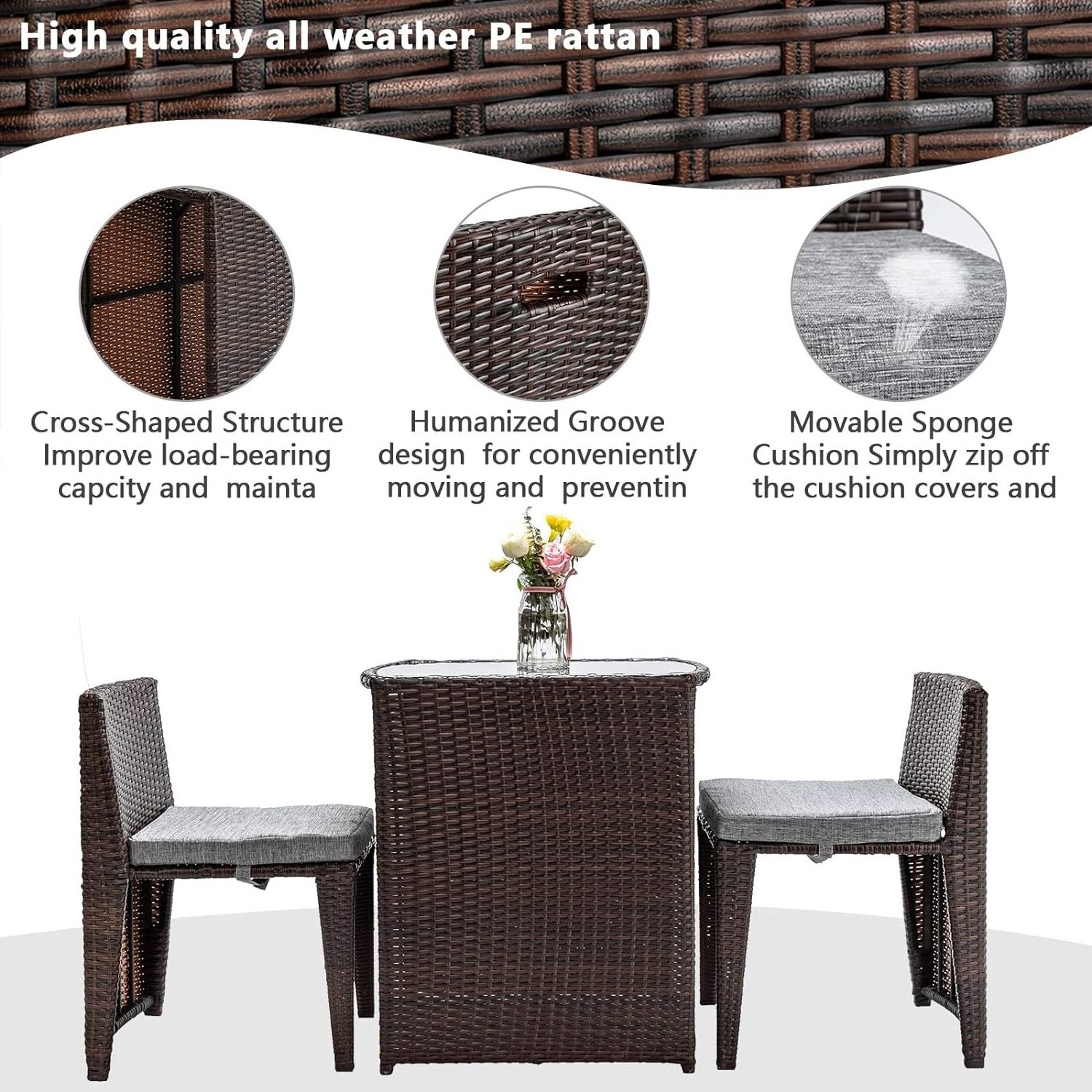 3 PCS Wicker Outdoor Patio Bistro Set Small Space  with Glass Top Table Dining Chairs for outdoor rattan furniture