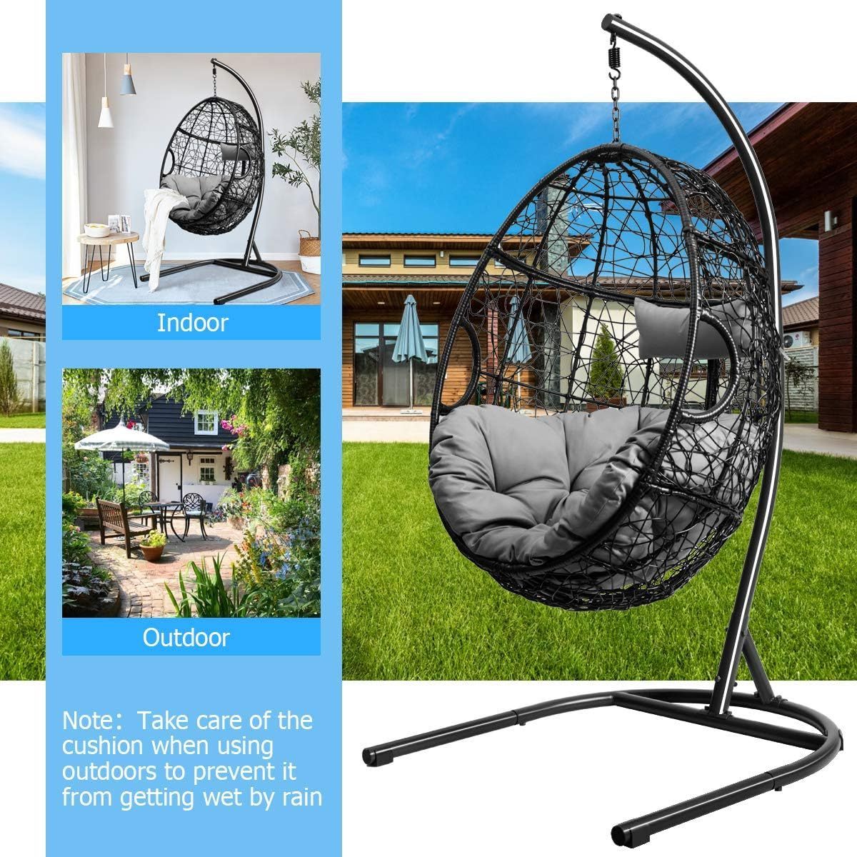 HOMECOME Outdoor Furniture Patio Basket Hanging Hammock Chair with Stand ,indoor bedroom Egg Swing Rattan Chair