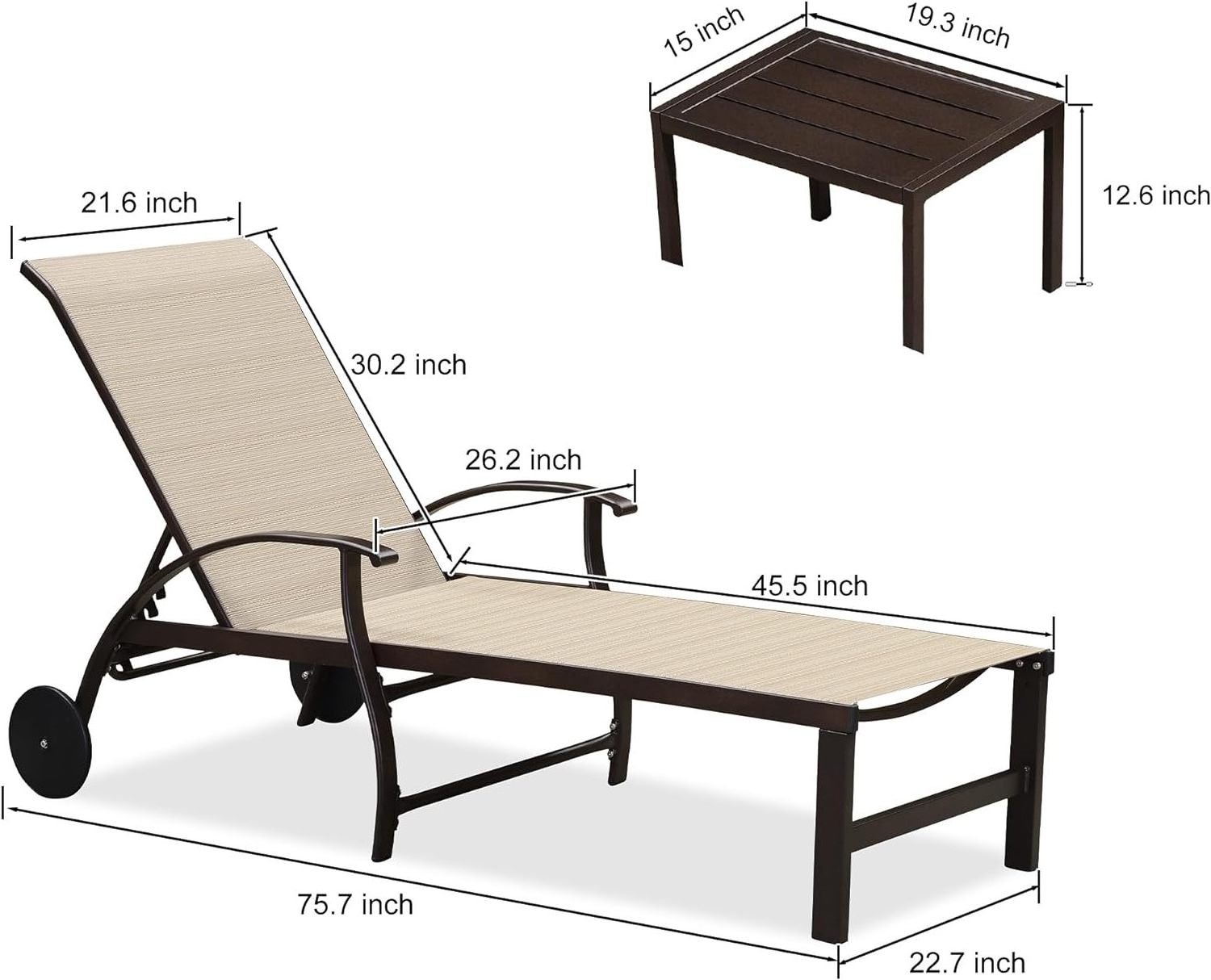 HOMECOME Outdoor Aluminum Garden Set 3-Piece Chaise Lounge Chair Side Table Adjustable Backyard Deck Balcony Lounger Light Khaki