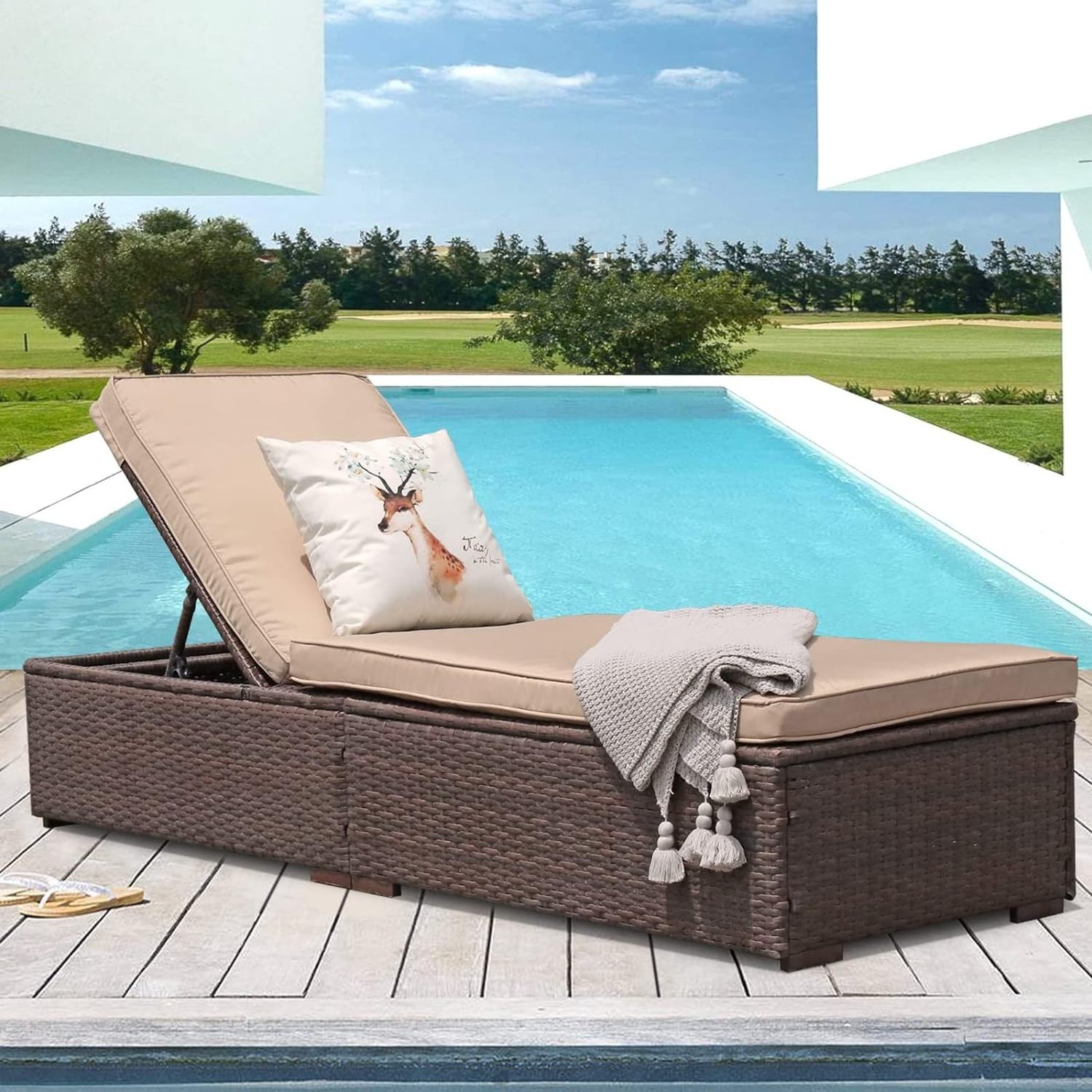 HOMECOME Outdoor Rattan Sun Lounger,Garden Adjustable Backrest Wicker Reclining Chaise with Waterproof Cushion