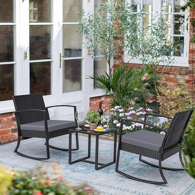 Homecome high quality 3 pieces patio furniture set  wicker rattan rocking chair outdoor bistro set with glass coffee top