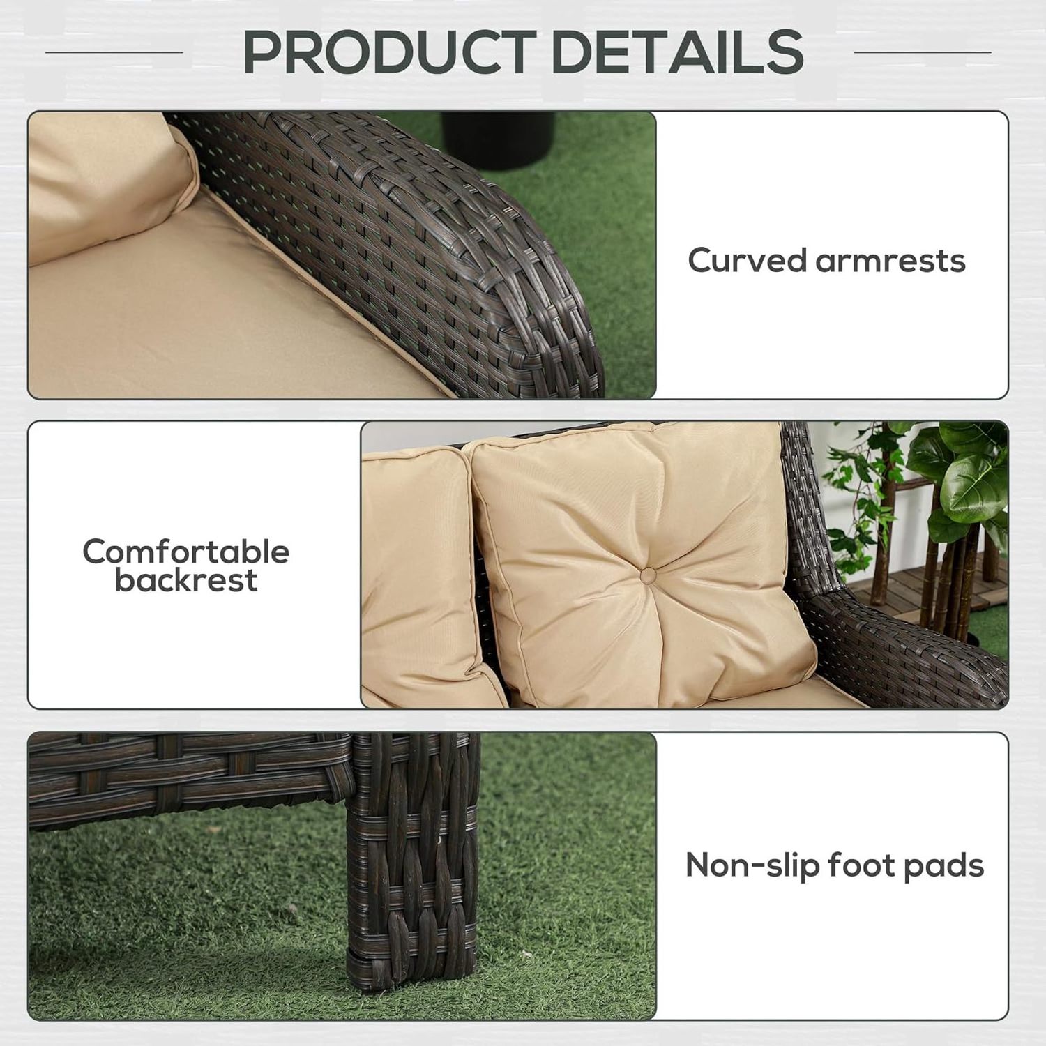 WARoom Modern Design 3-Seat Patio Couch in Brown PE Wicker Rattan Deep Seating Outdoor Sofa Furniture with Soft Cushions