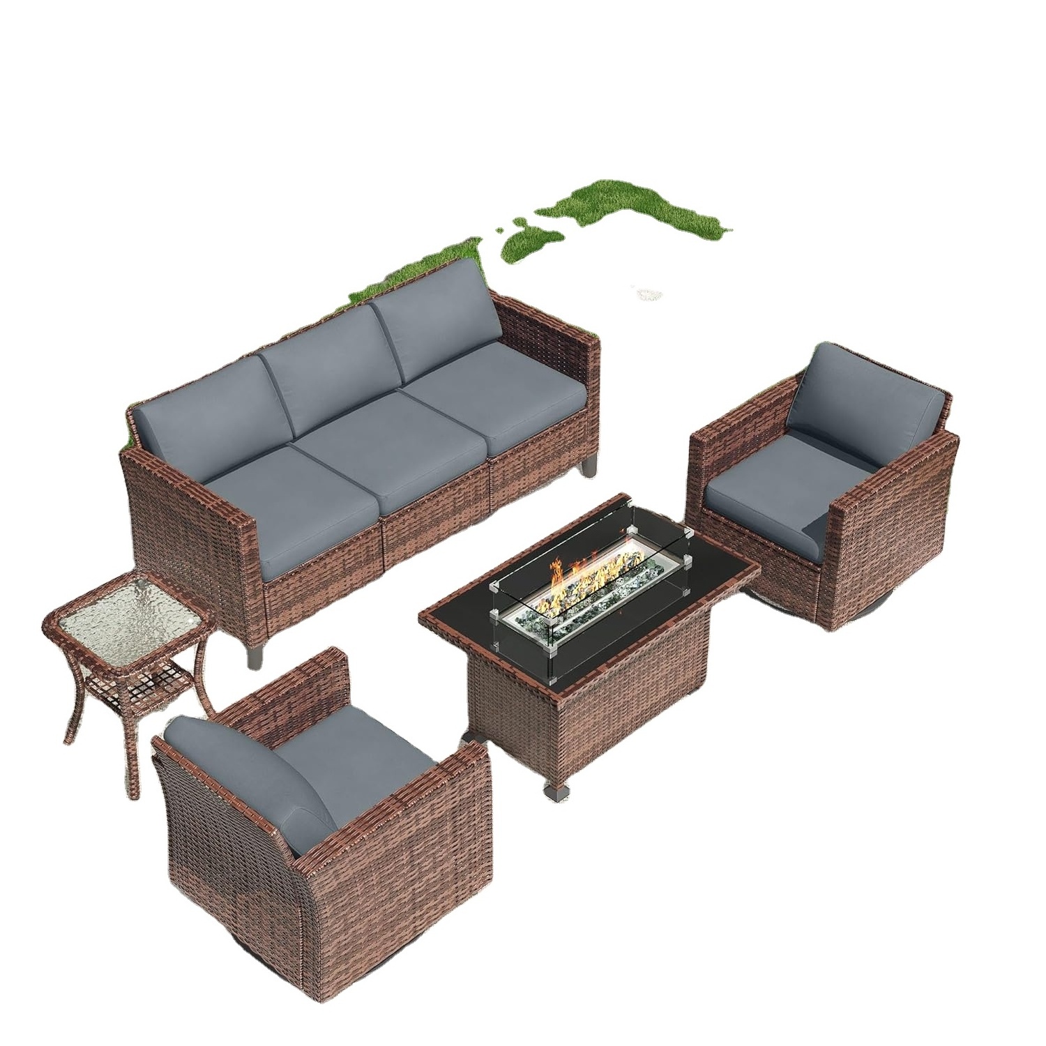 Modern 7-Piece Outdoor Sectional Patio Sofa Set Wicker Rattan Conversation Furniture with Fire Pit Table for Backyard Pool